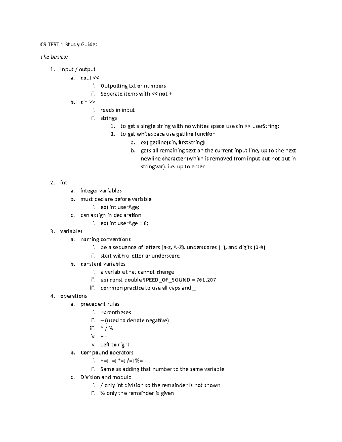 CS TEST 1 Study Guide - CS TEST 1 Study Guide: The basics: Input ...