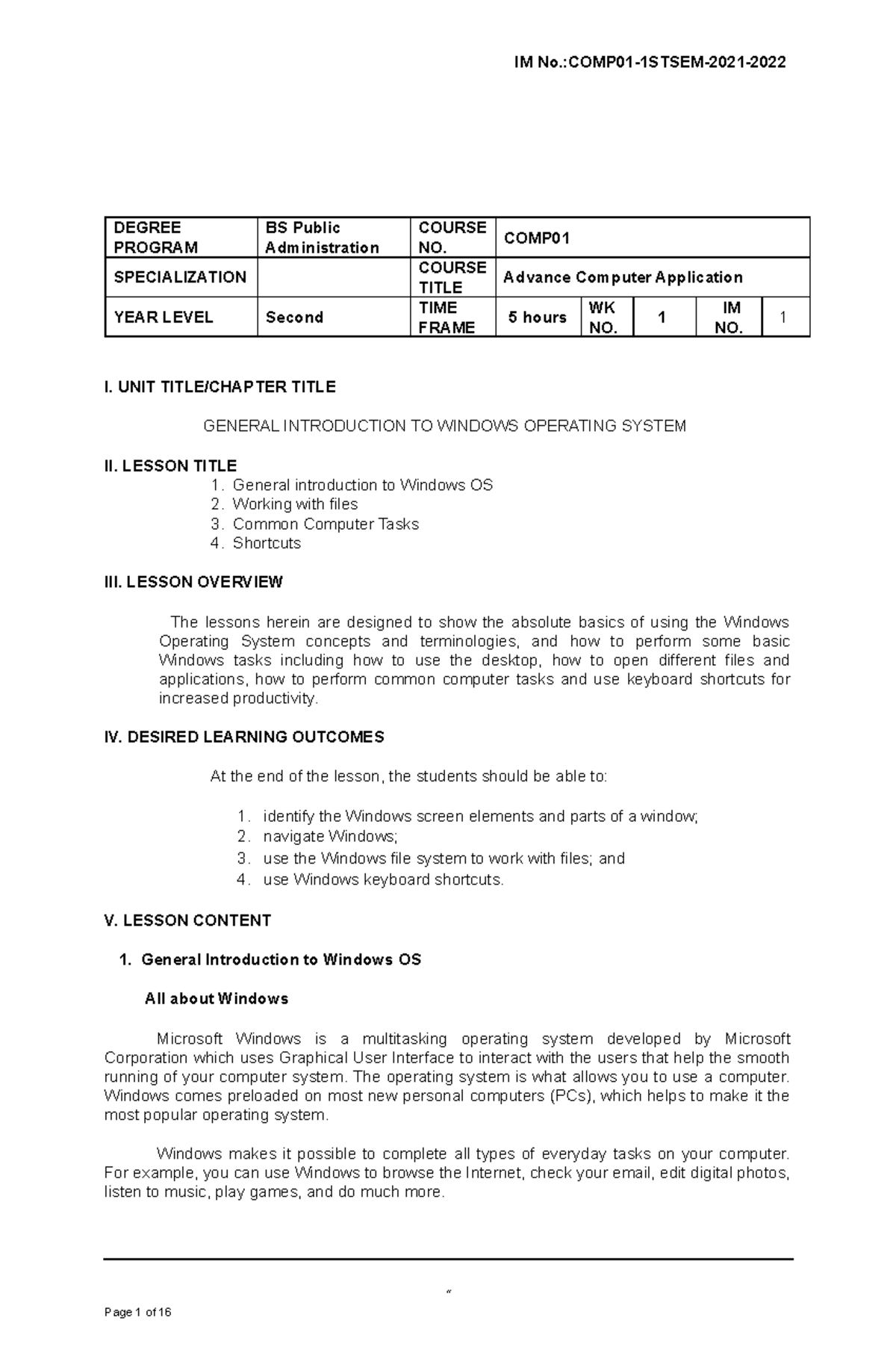 IM 1-Adv Comp-Win - lecture 1 - DEGREE PROGRAM BS Public Administration ...