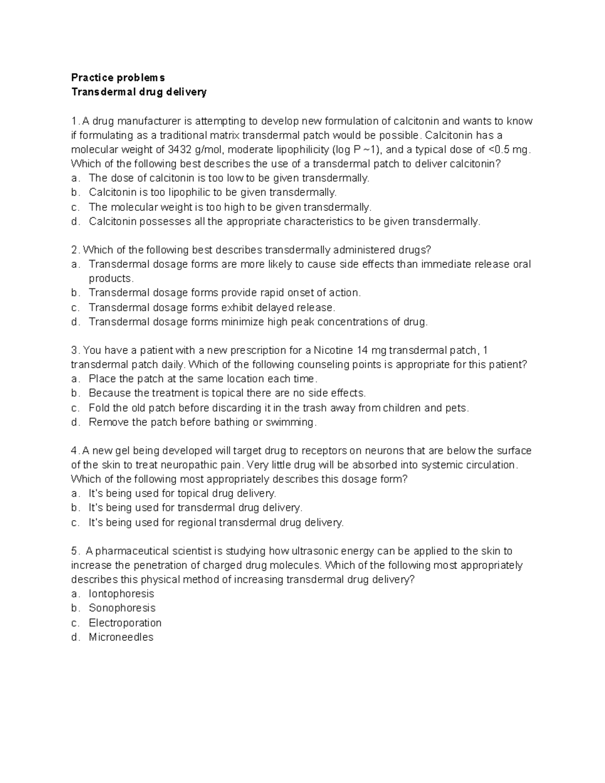 Practice Problems Transdermal Drug Delivery Practice Problems