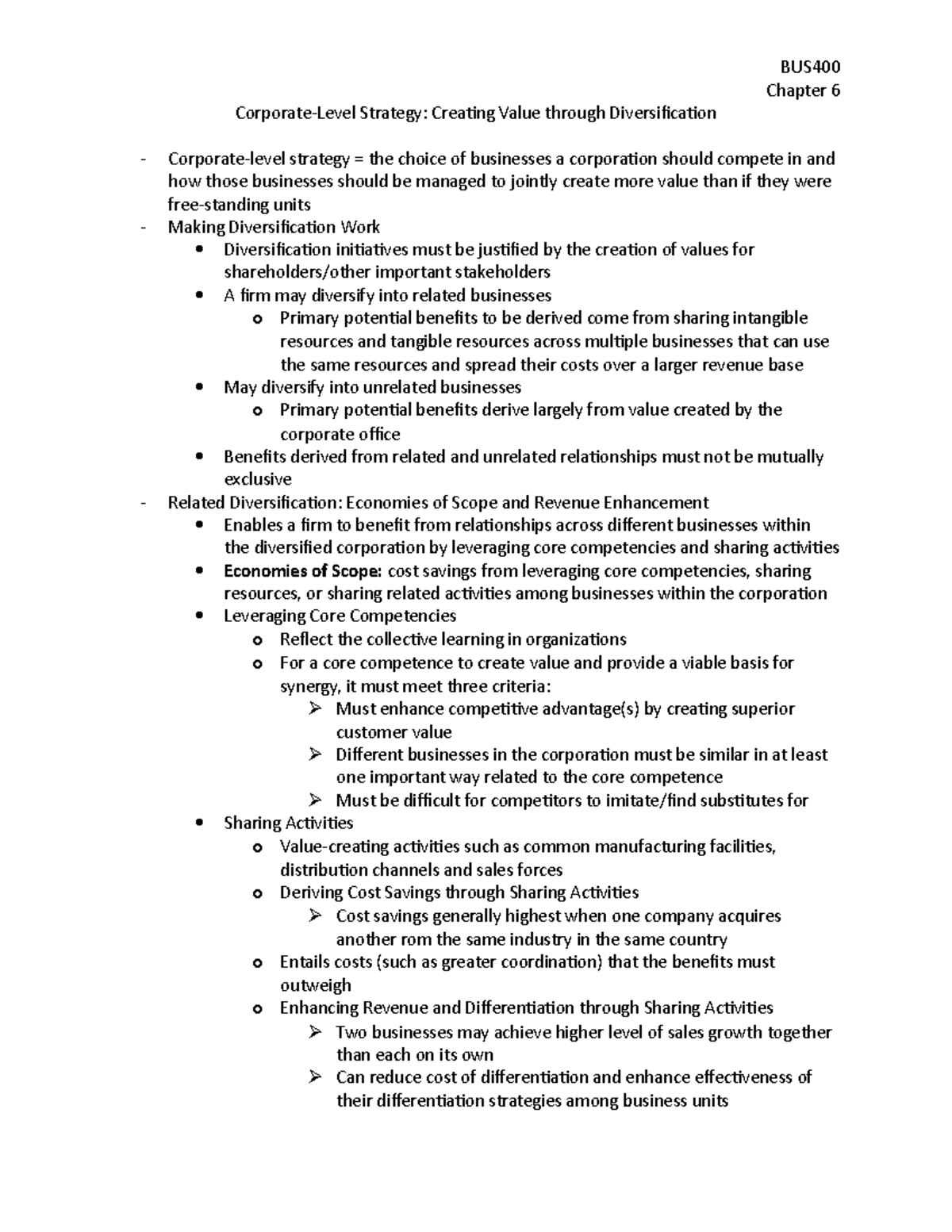 Chapter 6 - Summary Strategic Management: Creating Competitive ...