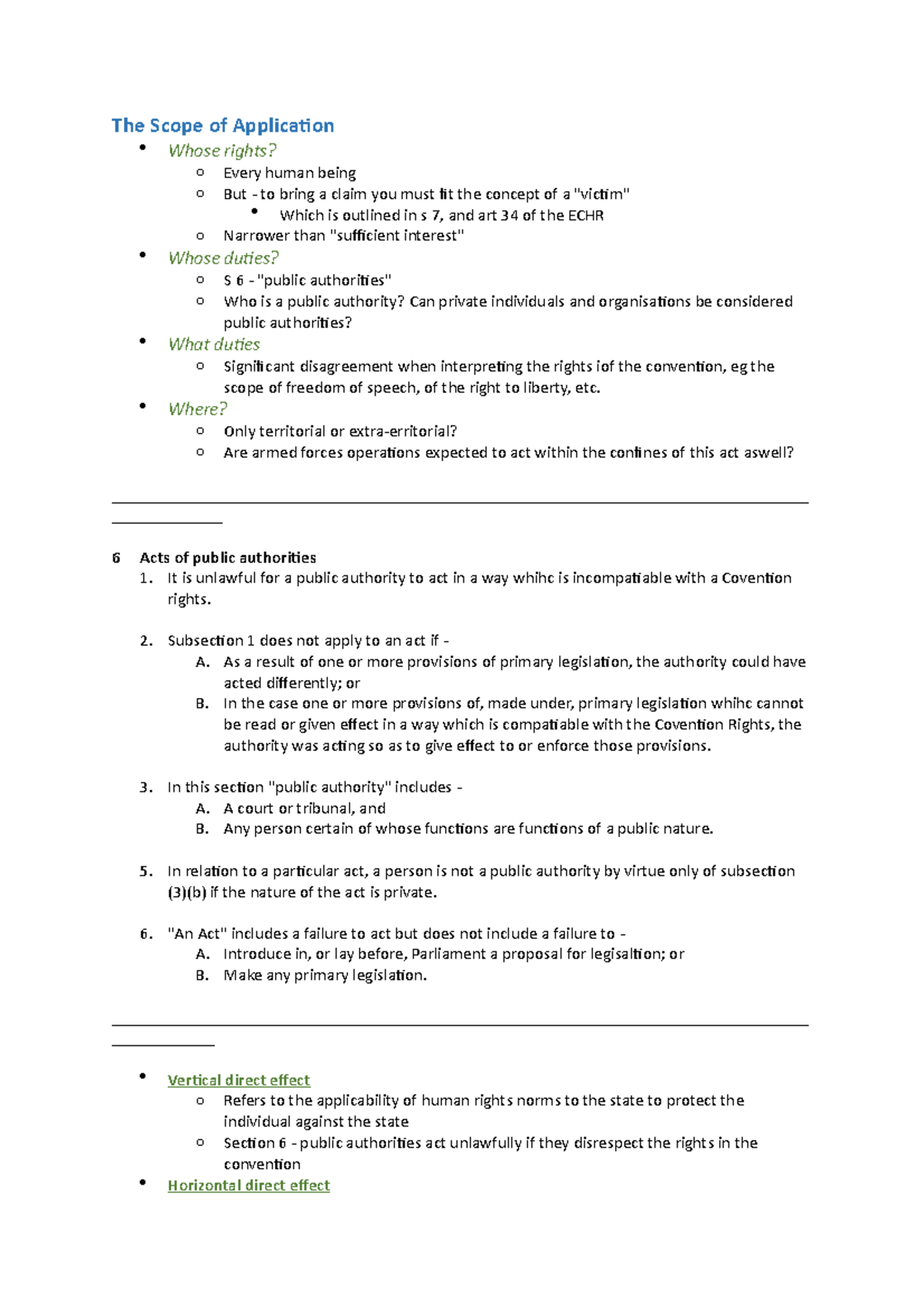 The Human Rights Act - Lecture Notes - The Scope of Application Whose ...