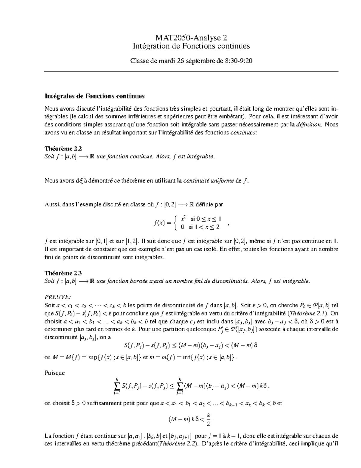 Intégration des fonctions continues - MAT2050-Analyse 2 Intégration de ...
