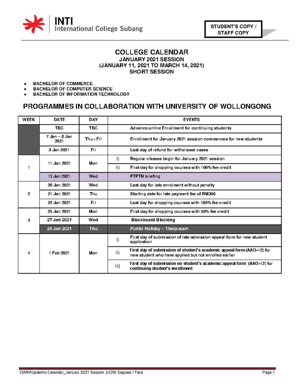 UOW Degree College Calendar Jan 2021 - Final - COLLEGE CALENDAR JANUARY