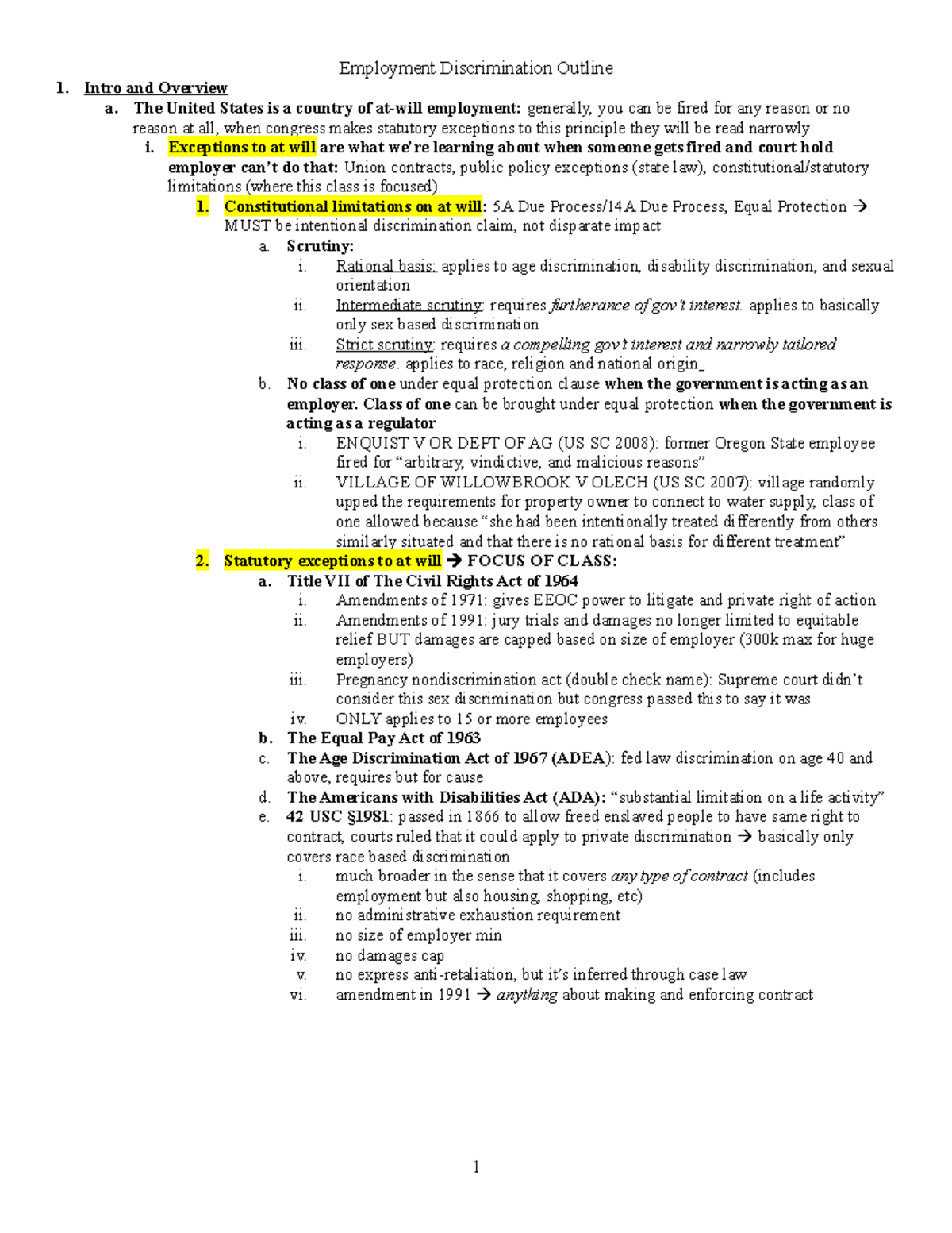 Foreman Outline Employment Discrimination Spring 2021 - 1. Intro and ...