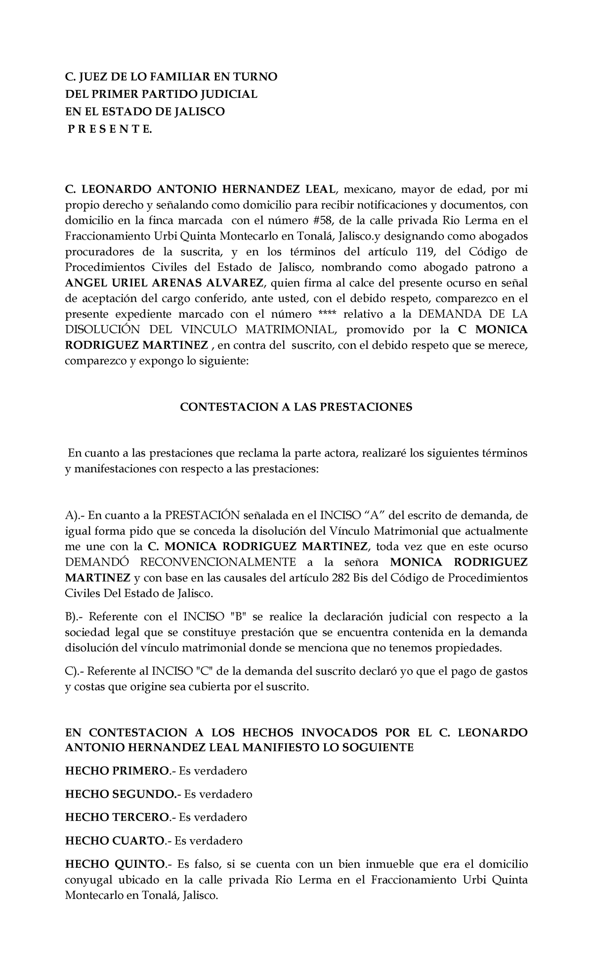 Contestación de Demanda Civil Ordinario - C. JUEZ DE LO FAMILIAR EN ...