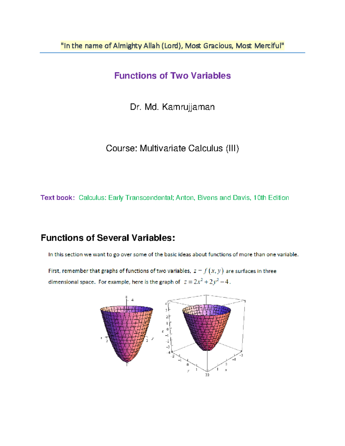 Lecture 1-Functions of two variables - Engineering Mathematics - "In ...
