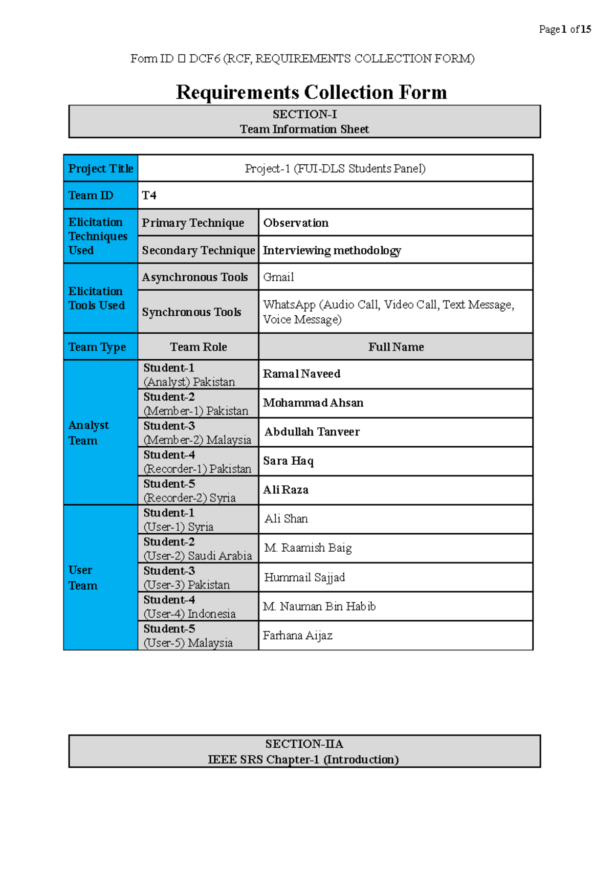 DCF06 (RCF, Requirements Collection FORM) Form ID DCF6 (RCF