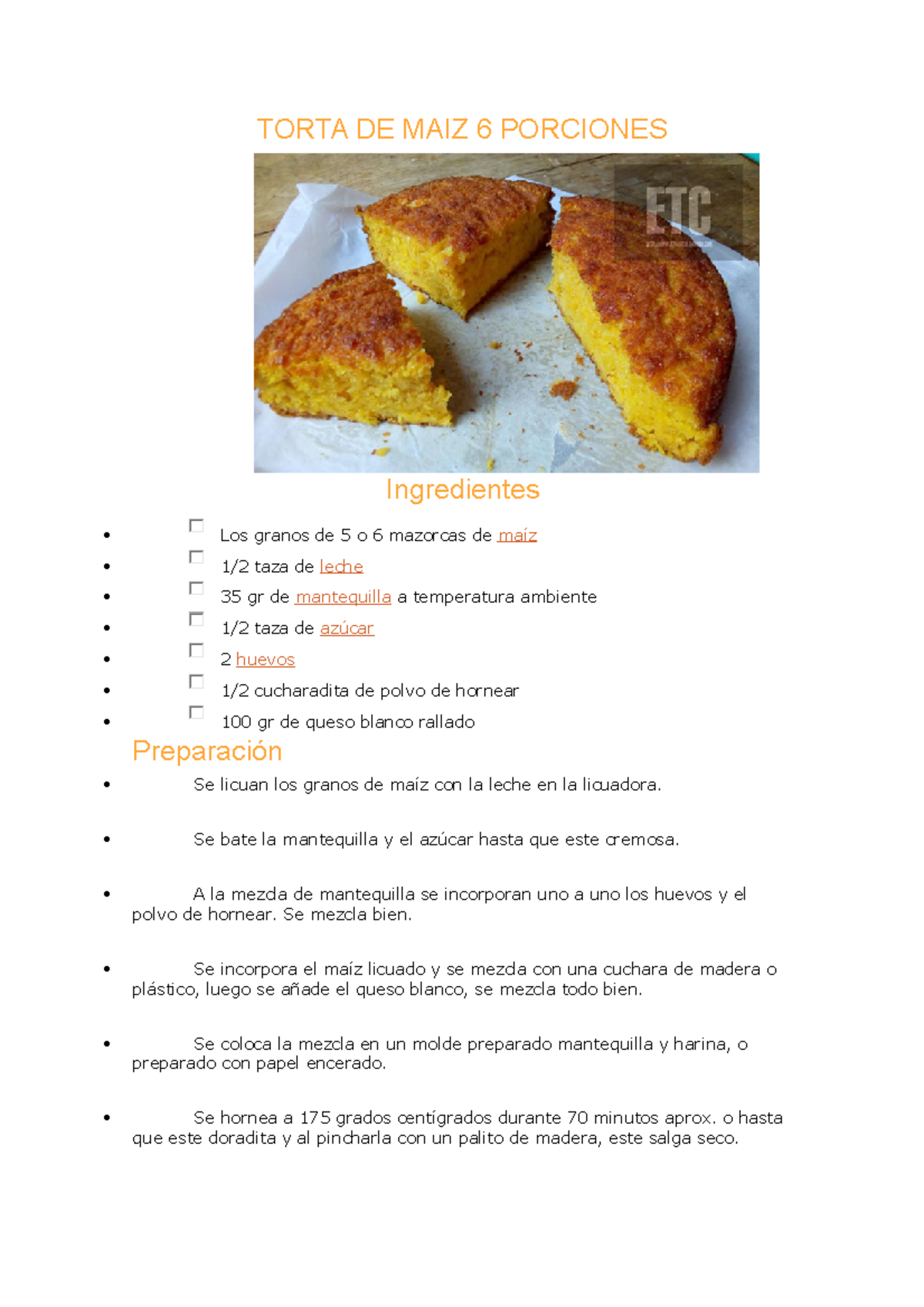 Torta DE MAIZ 6 Porciones - TORTA DE MAIZ 6 PORCIONES Ingredientes Los ...