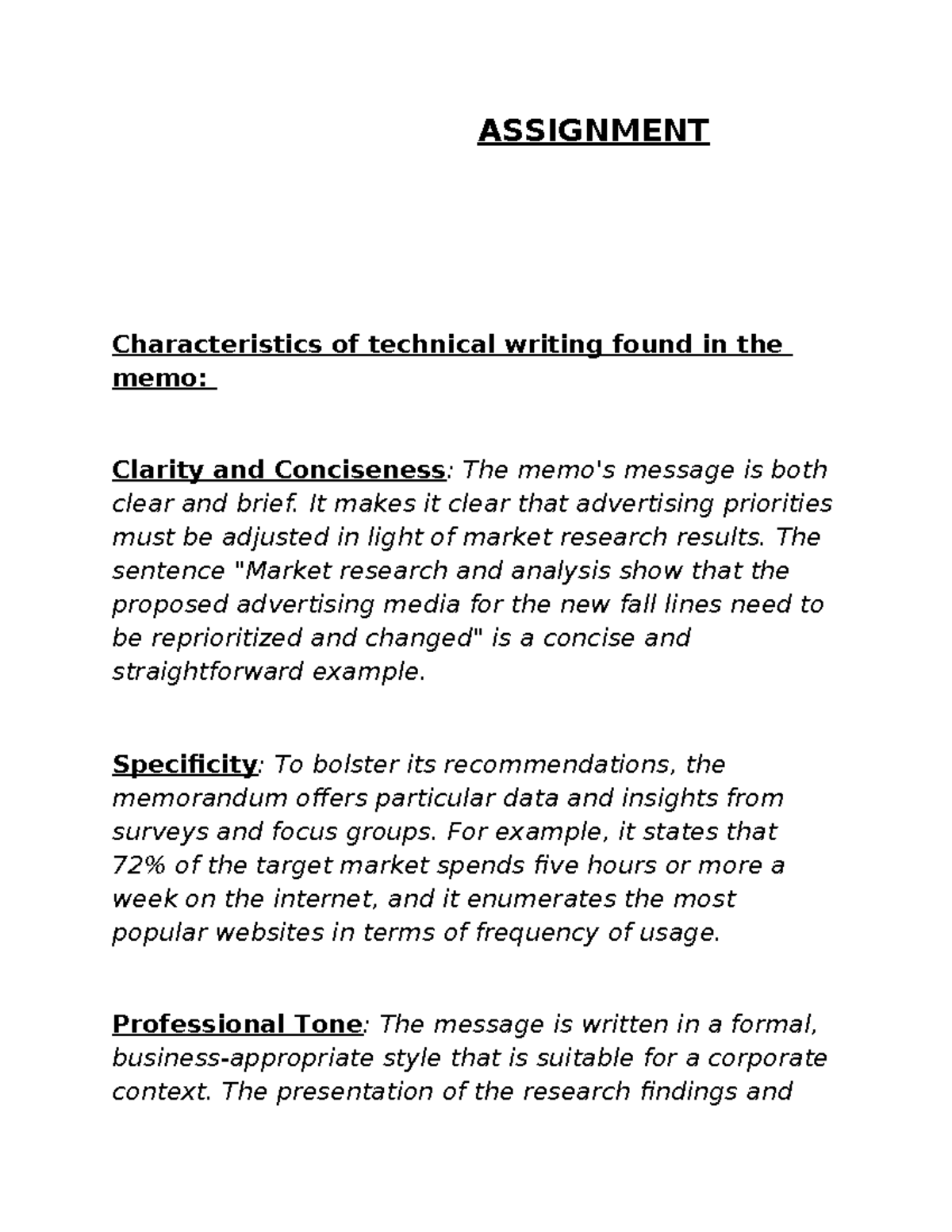 Characteristics of technical writing found in the memo. - ASSIGNMENT ...