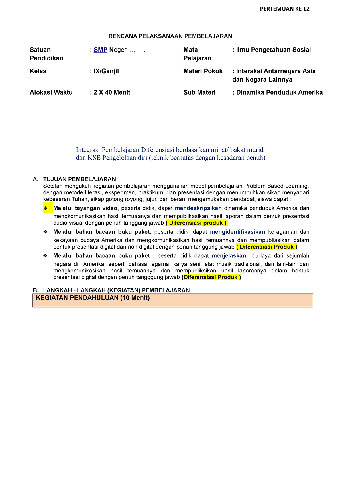 Pertemuan 12 - Rpp - RENCANA PELAKSANAAN PEMBELAJARAN Satuan Pendidikan ...