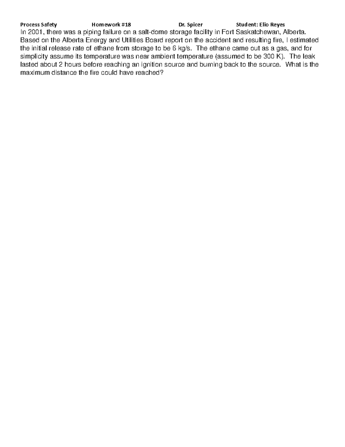 Homework#18, Problem(Notsolved) - Process Safety Homework #18 Dr ...