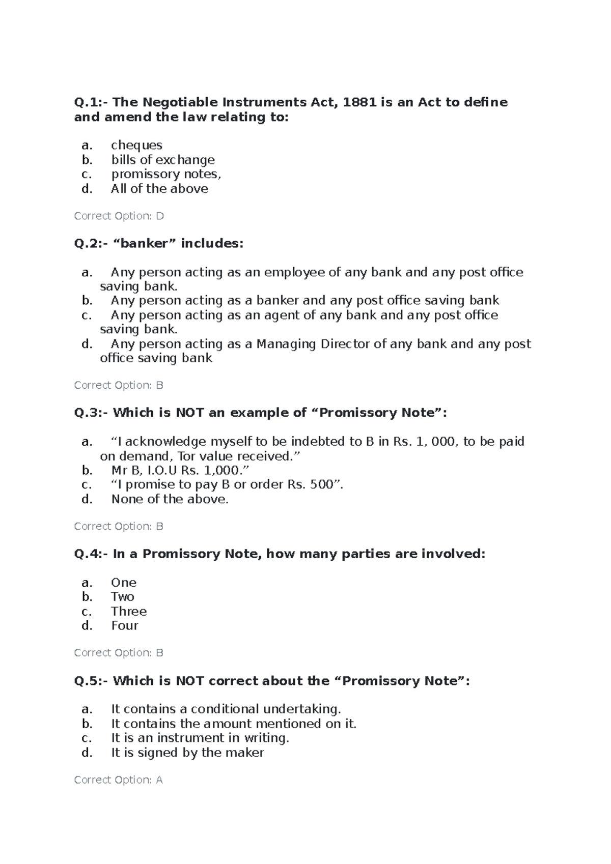 MCQs With Answer On B - Part 1 Q:- The Negotiable Instruments Act, 1881 ...