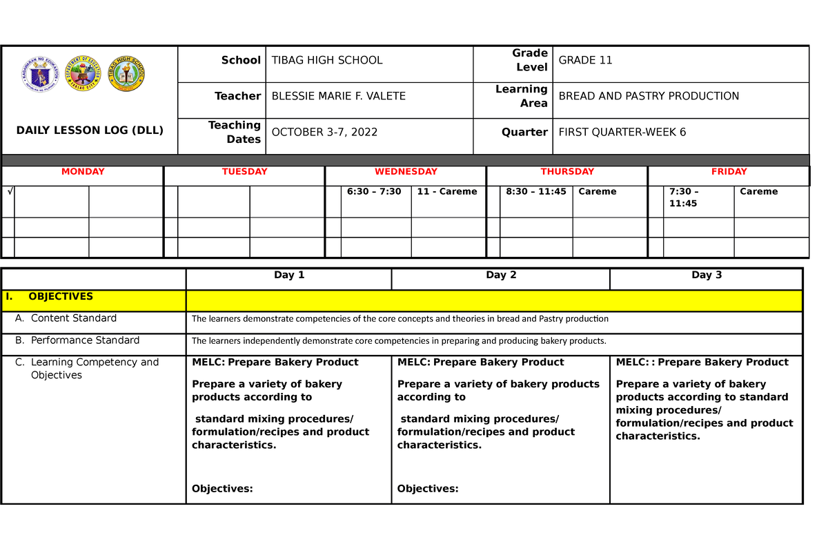 DLL Week 6 Bread And Pastry - DAILY LESSON LOG (DLL) School TIBAG HIGH ...