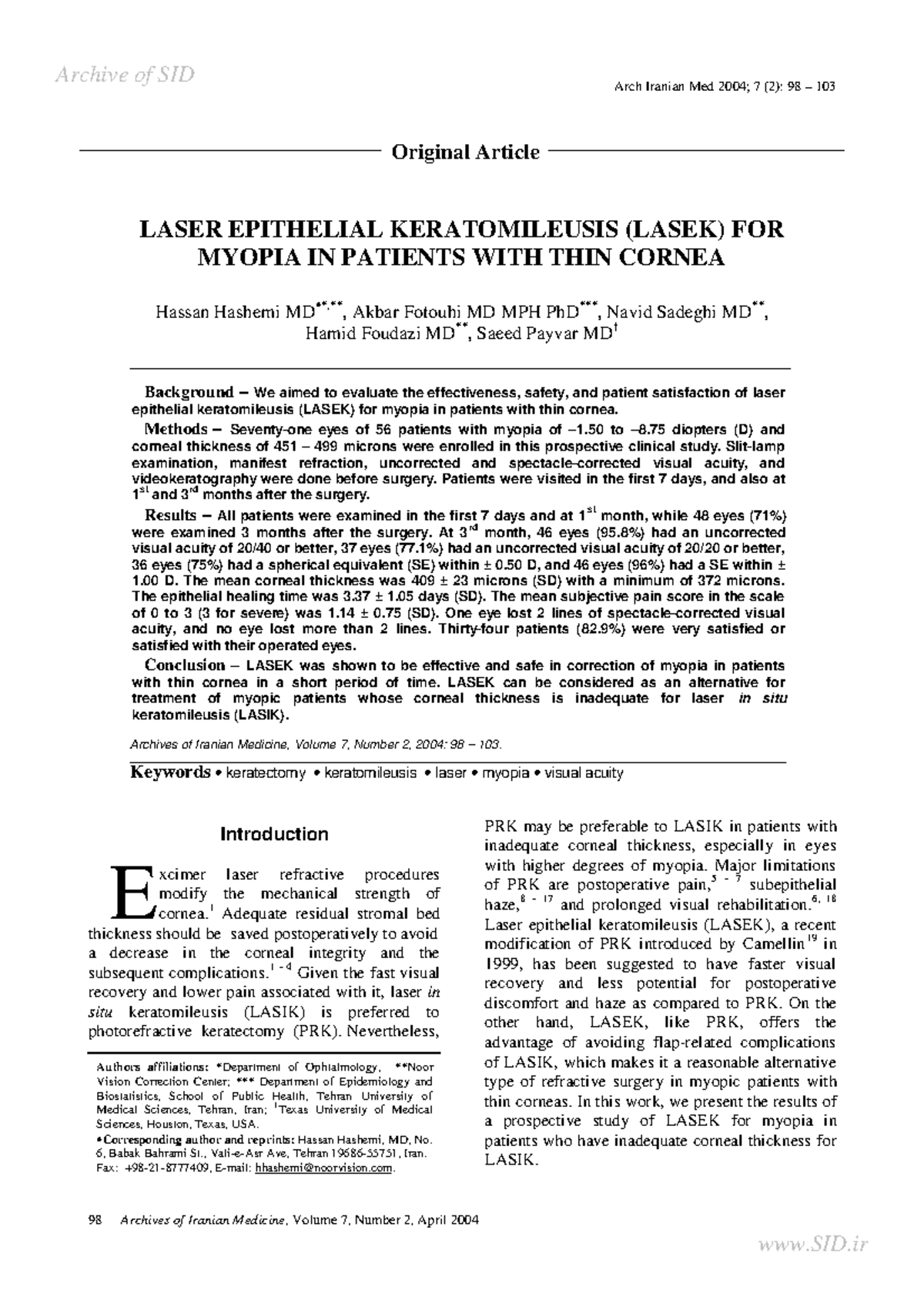 Laser Epithelial Keratomileusis Lasek Fo - Arch Iranian Med 2004; 7 (2 ...