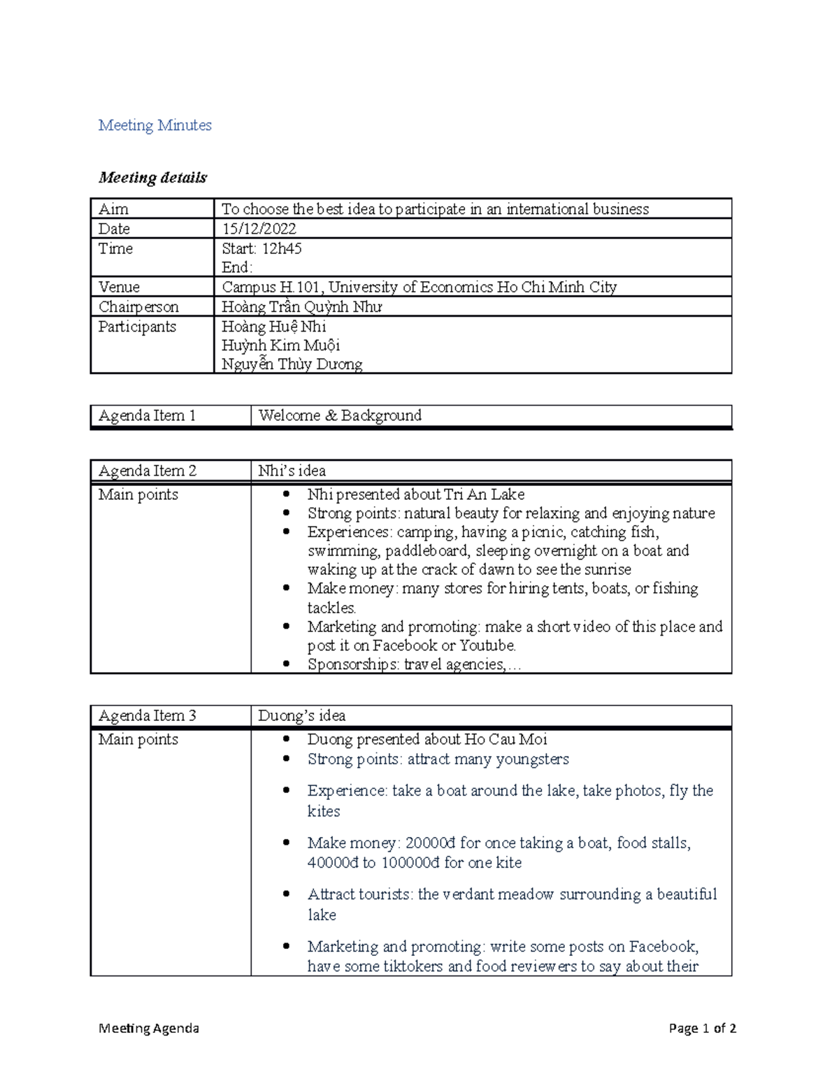 Meeting minutes - dfw - Meeting Minutes Meeting details Aim To choose ...