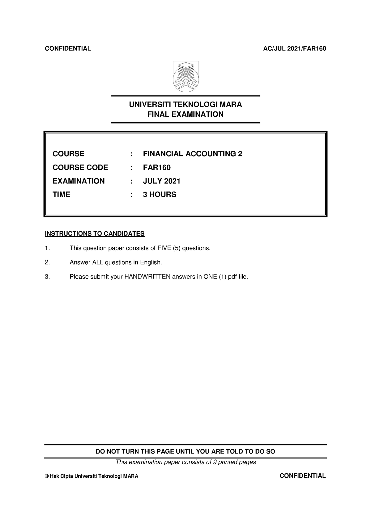 Far160 July 2021 - Final Year Examination - Universiti Teknologi Mara 