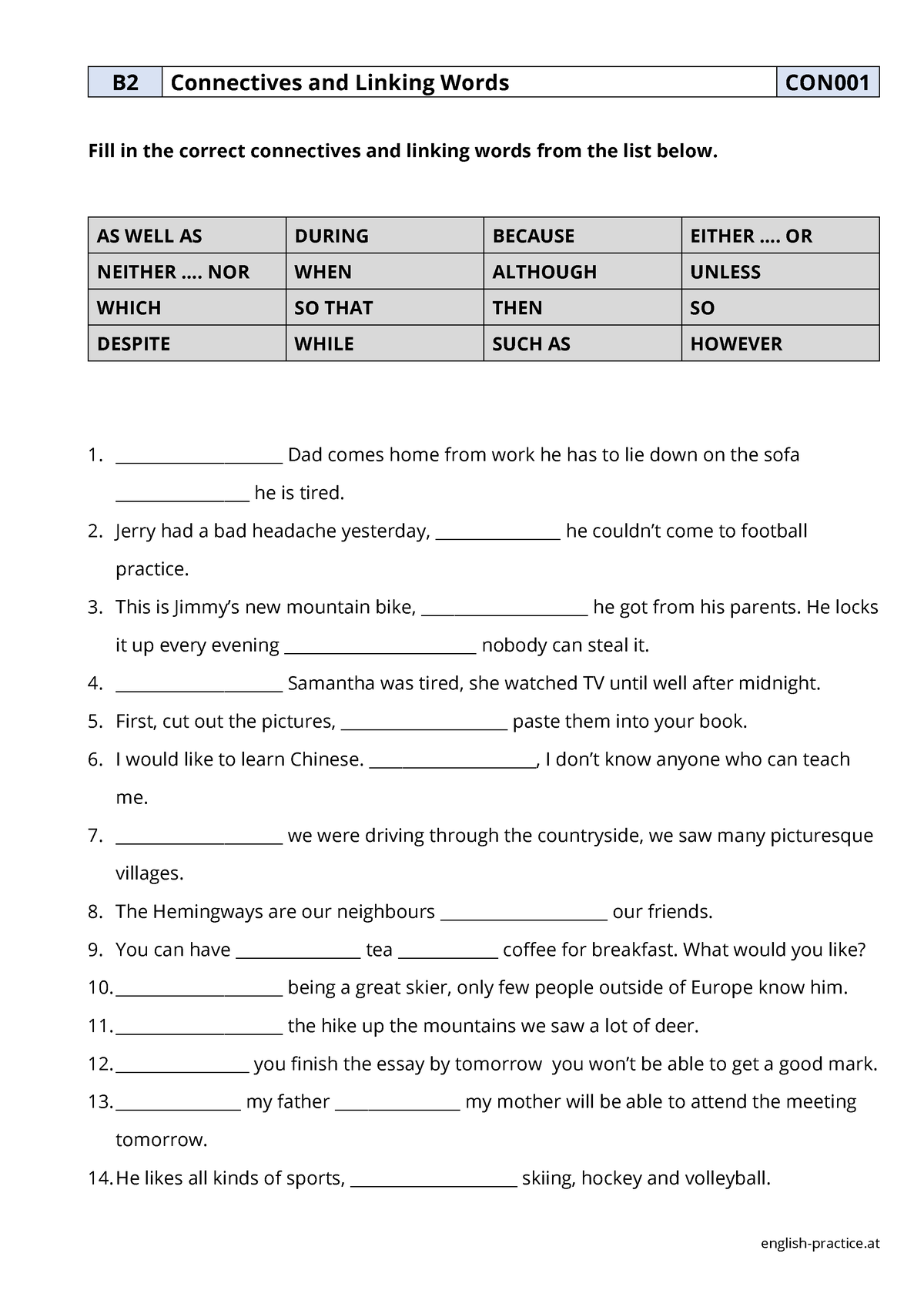 Conjunctions (key) - English-practice B 2 Connectives And Linking Words ...