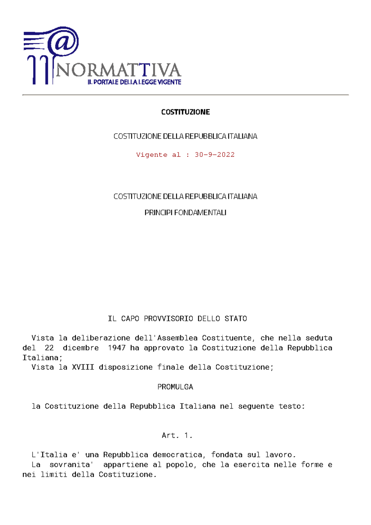 Costituzione Repubblica Italiana COSTITUZIONE COSTITUZIONE DELLA