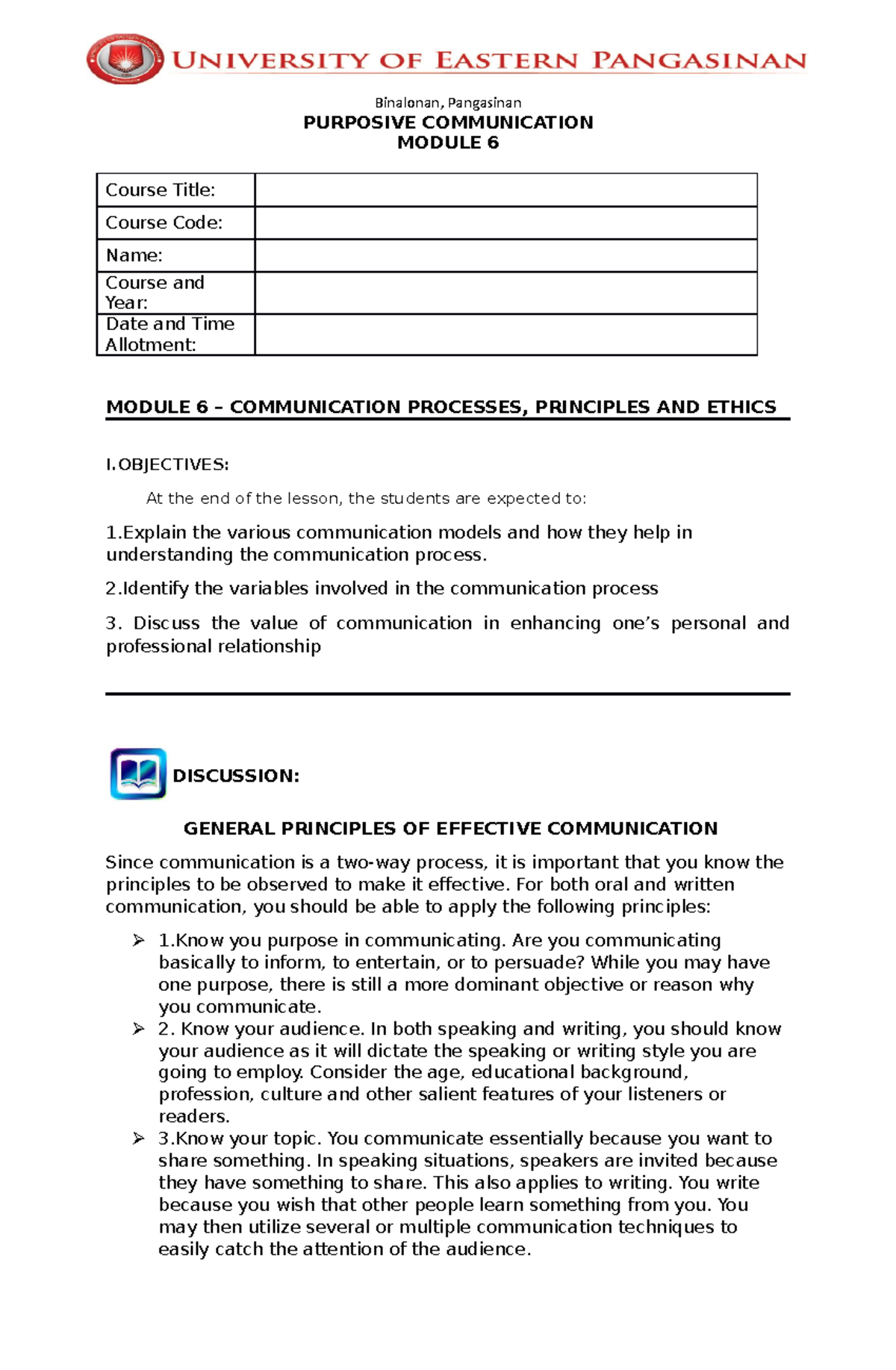 Module 6 Communication Processes, Principles and Ethics - PURPOSIVE ...