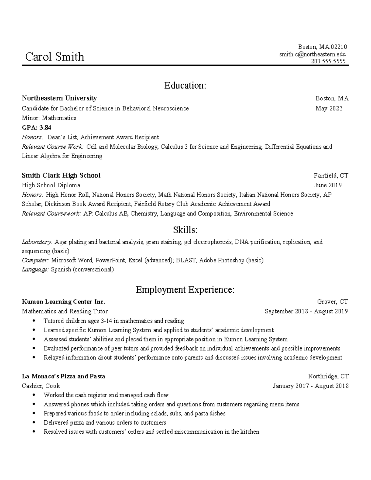 Sample Resume 3 - text - Carol Smith Boston, MA 02210 smith ...