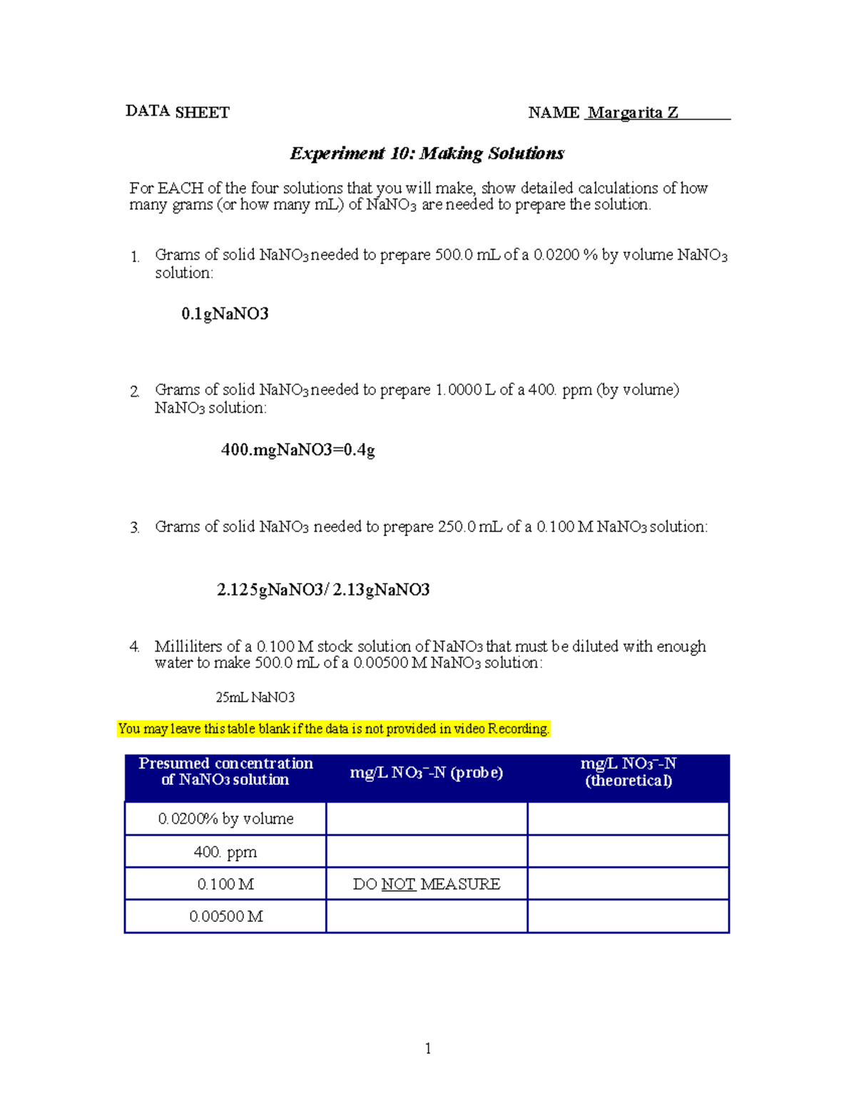 Data sheet Exp 10 - Making Solutions - DATA SHEET NAME Margarita Z ...