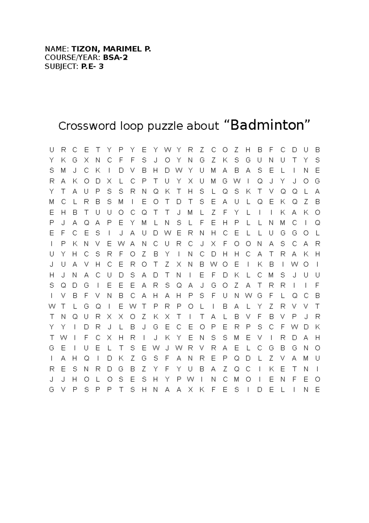Crossword Badminton Tizon Marimel BSA 2 P NAME TIZON, MARIMEL P
