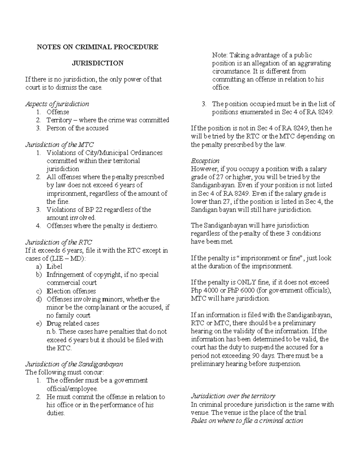 Criminal Procedure - For reviewer in CLE - NOTES ON CRIMINAL PROCEDURE ...