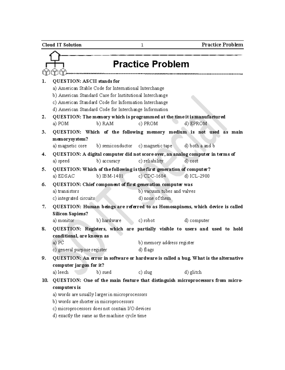 Mcq all Practice Problem QUESTION ASCII stands for a) American