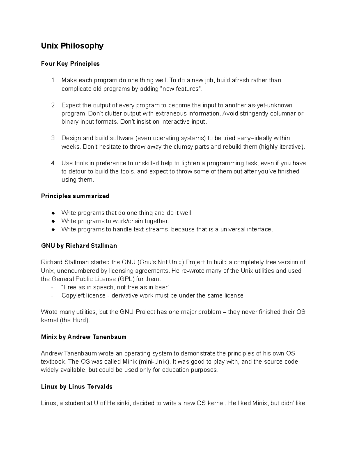 COOS291 - Notes - Unix Philosophy Four Key Principles 1. Make each ...