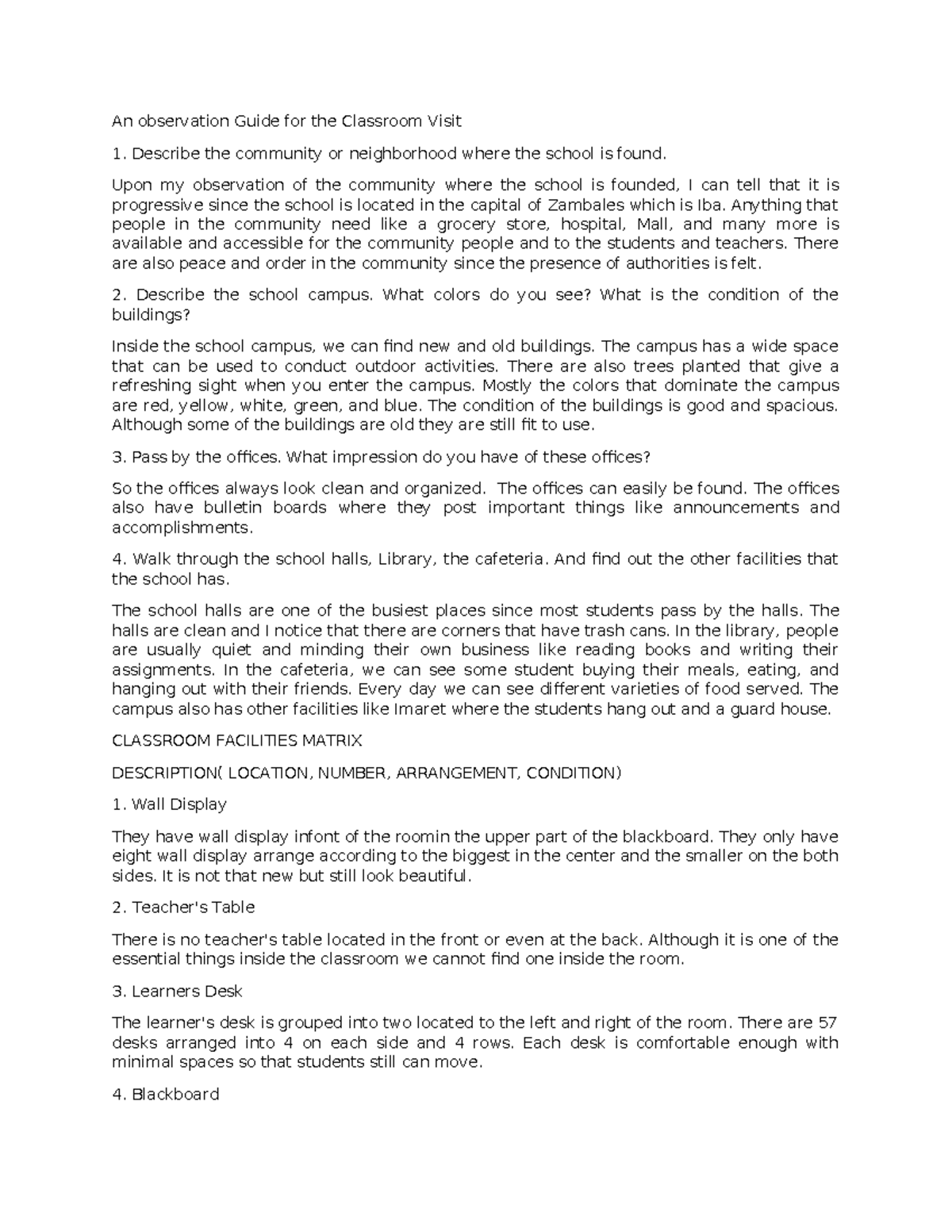 An observation Guide for the Classroom Visit - Describe the community ...