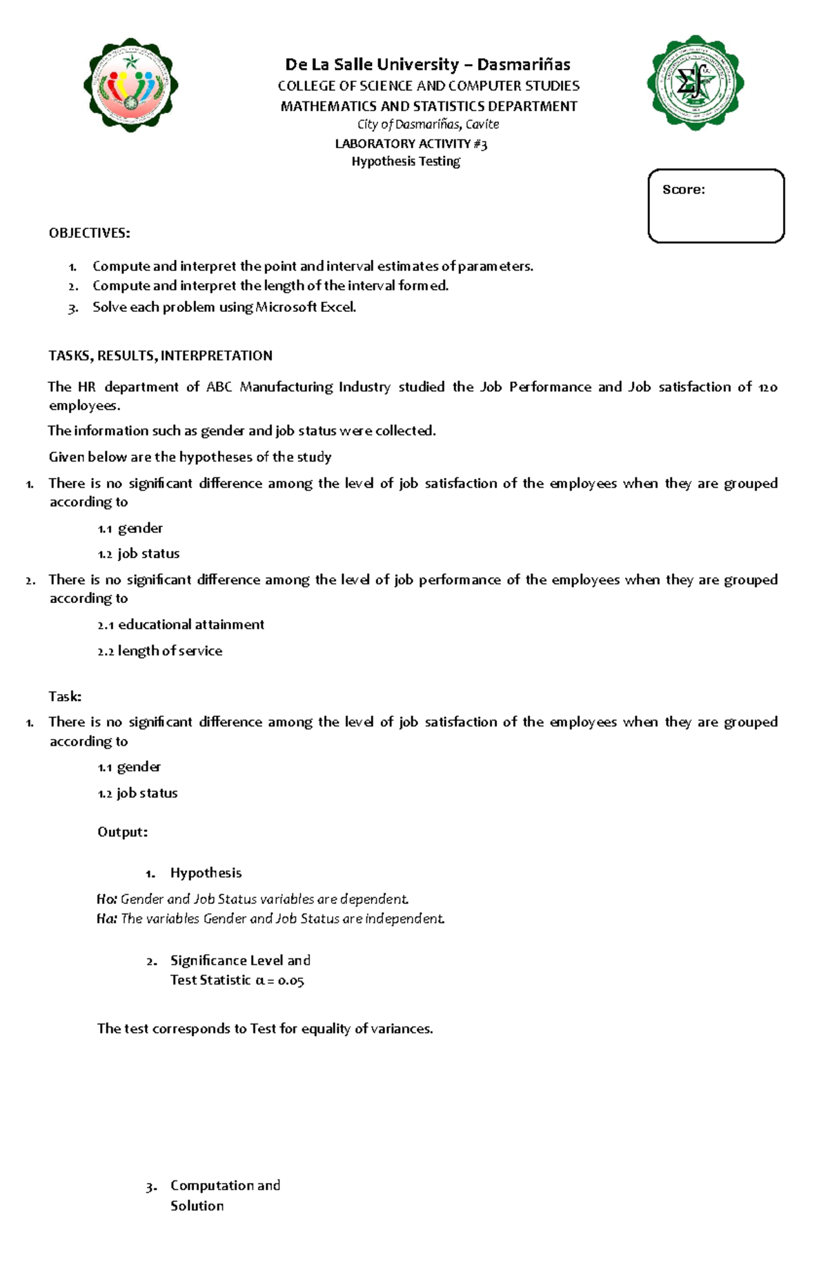 Laboratory Exercise 3 - MATH - Integrated Software Applications - La ...