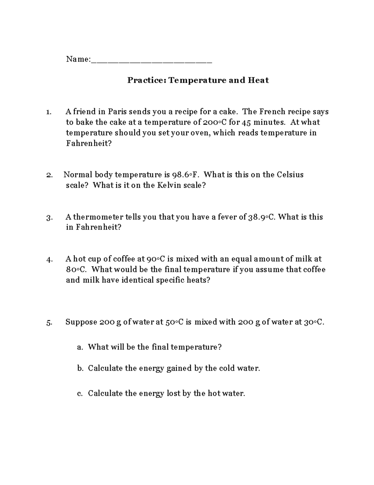 2-7 Practice Temperature and Heat - Name ...