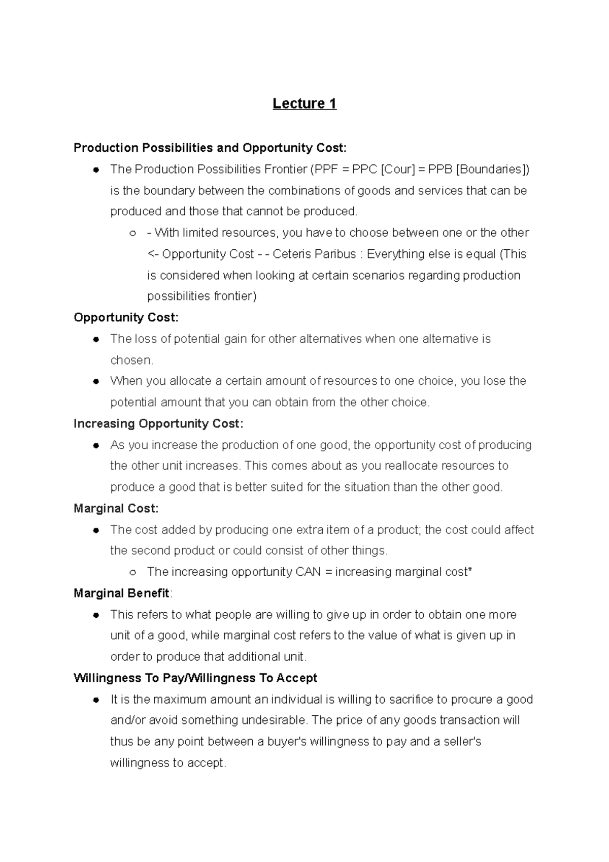 Econ 1000 Lecture Notes - Lecture 1 Production Possibilities and ...