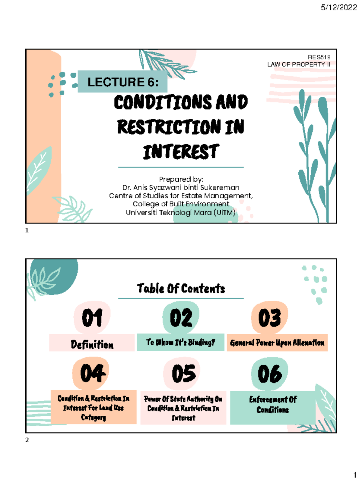 RES519 Lecture 6 Condition AND Restriction IN Interest