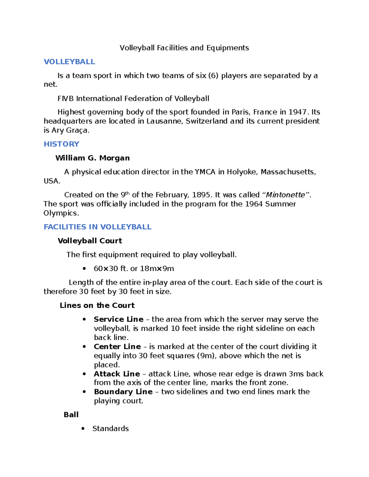 Facilities and Equipments Volleyball Facilities and Equipments