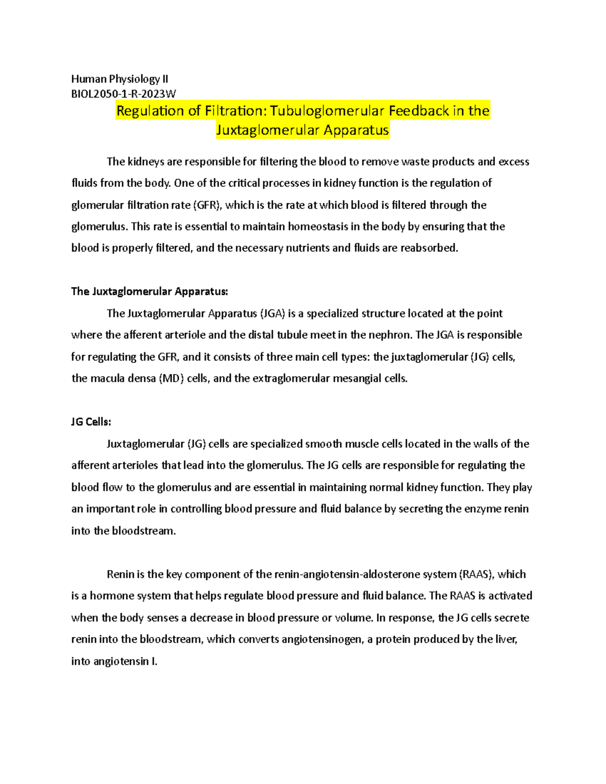 Human Physiology II Regulation of Filtration- Tubuloglomerular Feedback ...