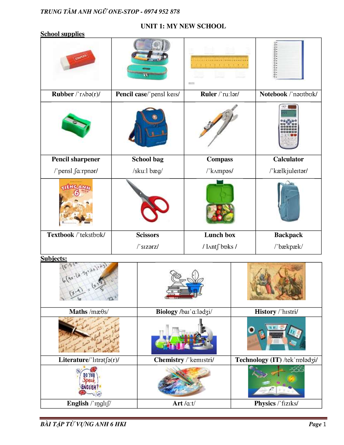 BÀi TẬp TỪ VỰng 6 - 123456789 - Unit 1: My New School School Supplies 