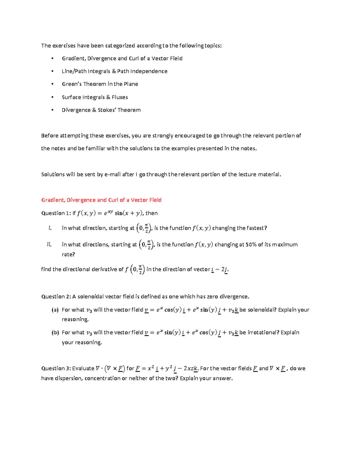 Vector Calculus Exercises - The exercises have been categorized ...
