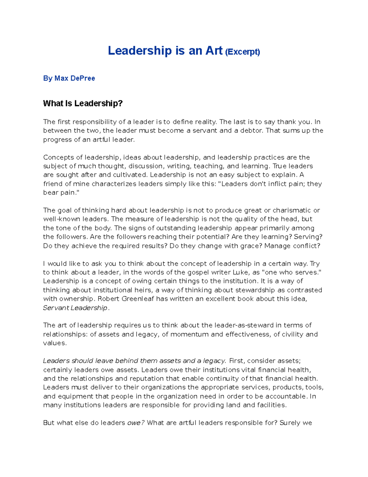 Leadership is an Art by Max Du Pree - Leadership is an Art (Excerpt) By ...
