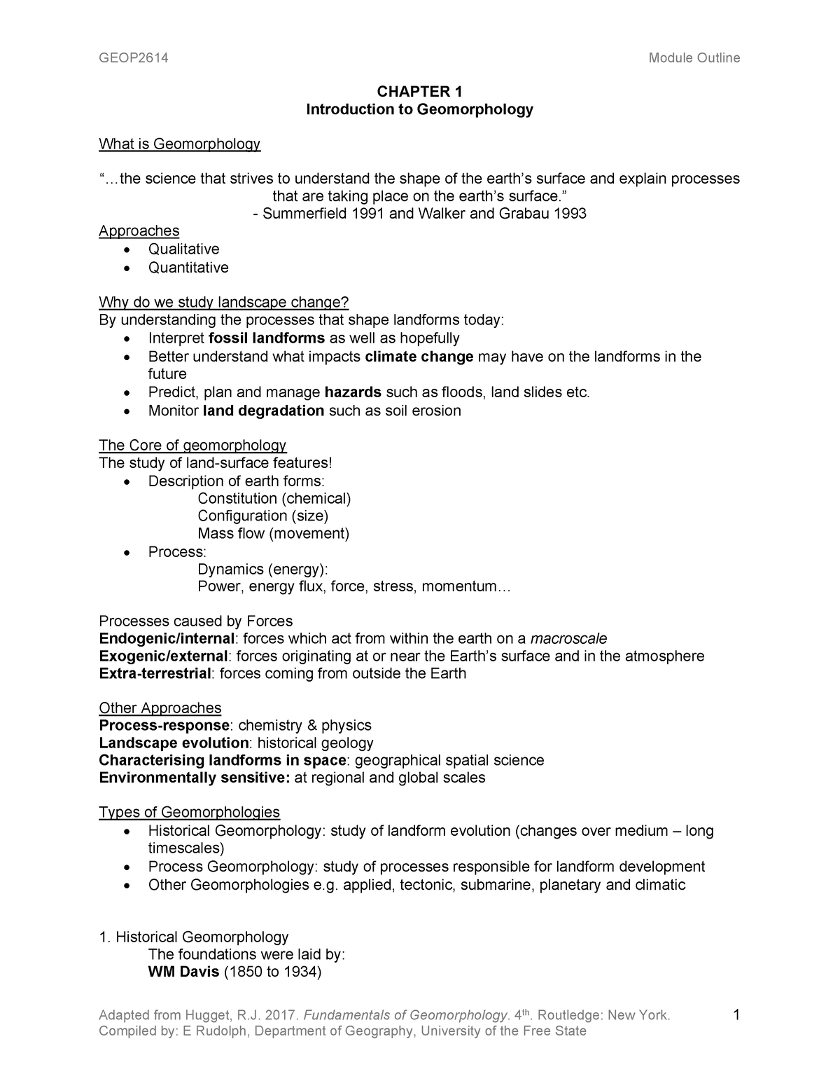 GEOP2614 Chapter 1-4 Outline - Adapted from Hugget, R. 2017 ...