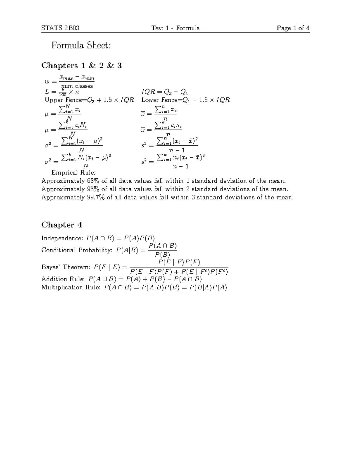 Stats 2B03 T1 Formula S18 - STATS 2B03 Test 1 Formula Page 1 Of 4 ...