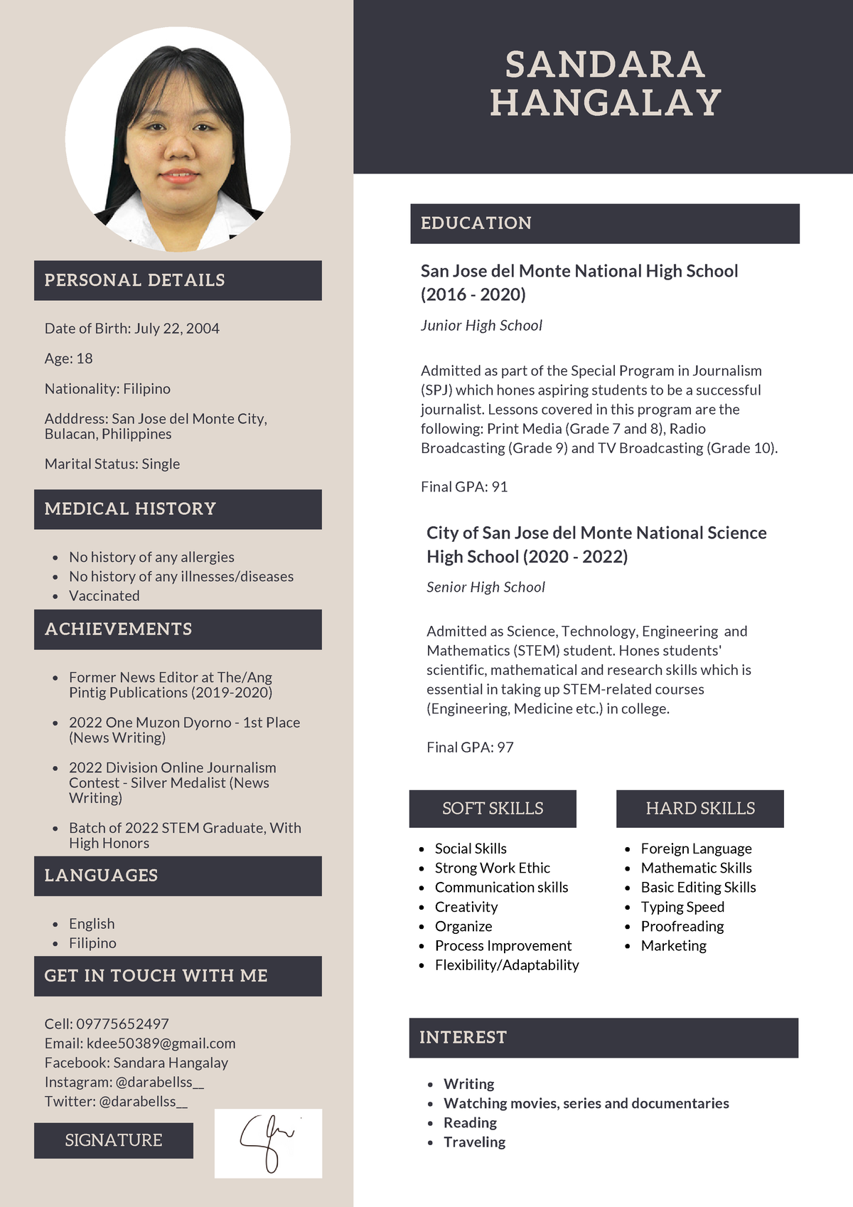 Purposive Communication Resume - INTEREST Writing Watching movies ...