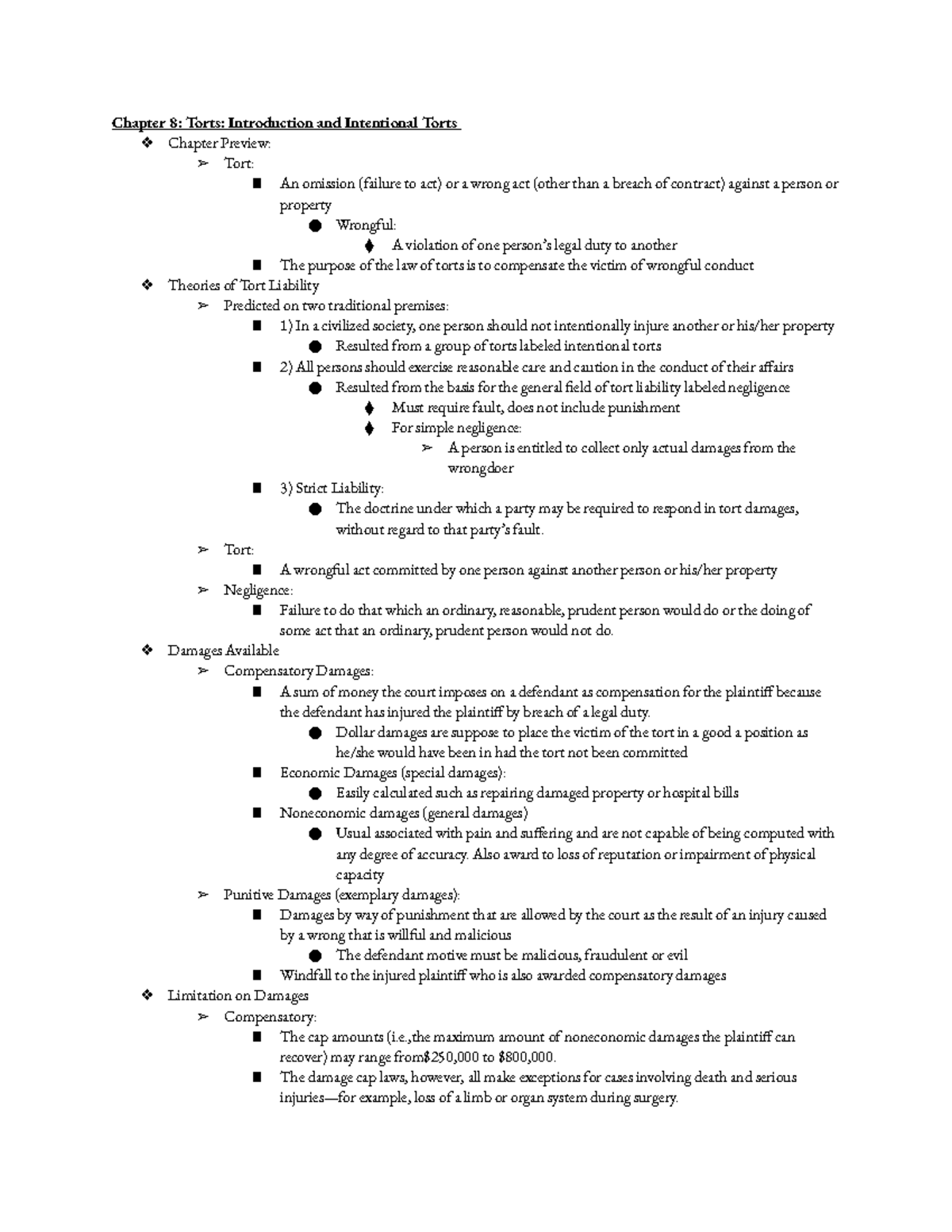 Chapter 8 Torts Introduction And Intentional Torts Tort A Wrongful