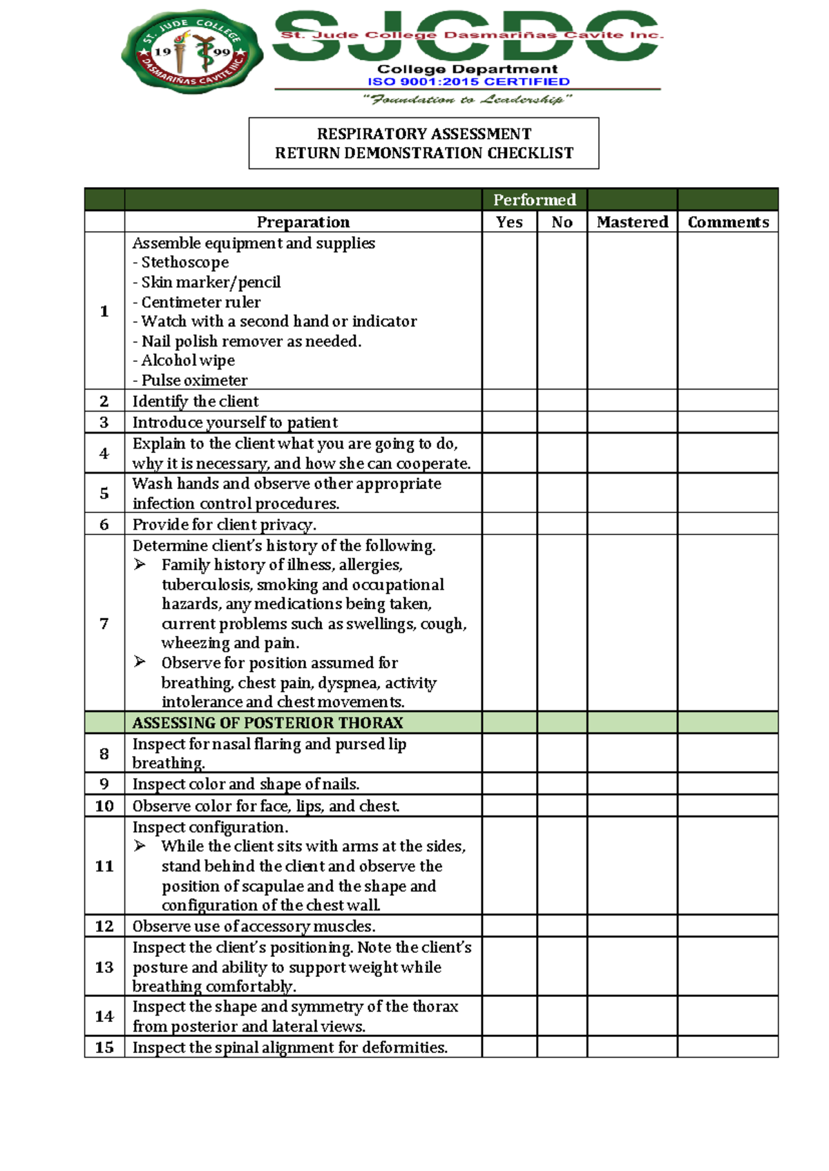 Respiratory- Retdem Checklist - Performed Preparation Yes No Mastered ...