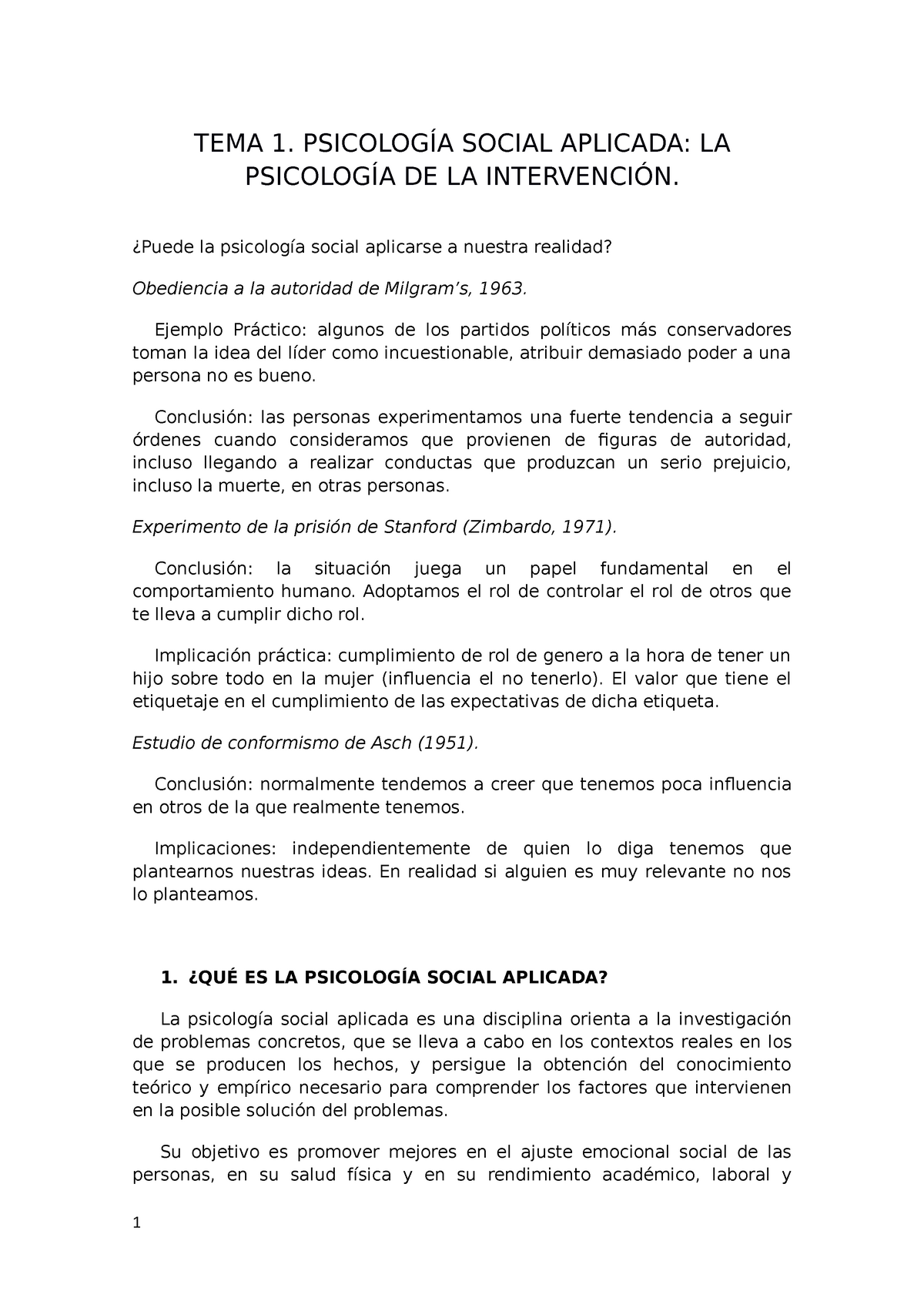 Social TEMA 1 - Apuntes 1 - TEMA 1. PSICOLOGÍA SOCIAL APLICADA: LA ...