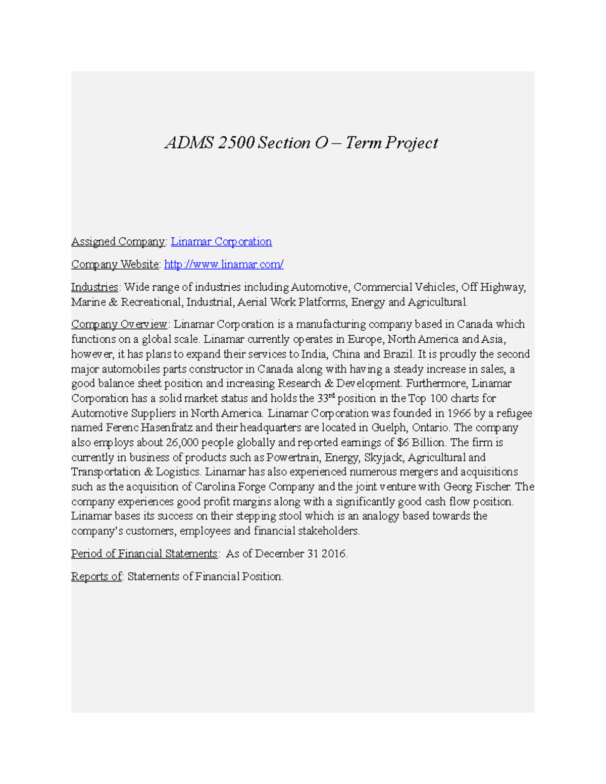 ADMS 2500 - Term Project - ADMS 2500 Section O Term Project Assigned ...