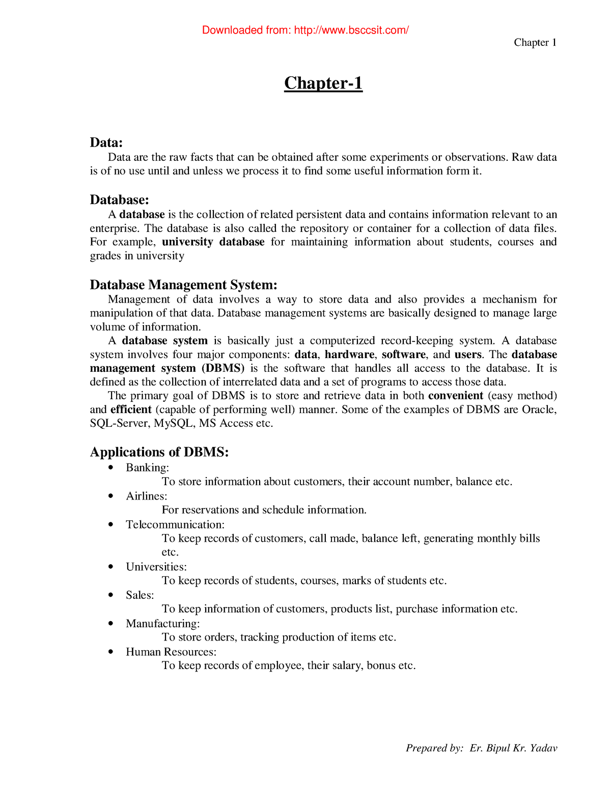 DBMS Finals Chapter - Chapter 1 Prepared By: Er. Bipul Kr. Yadav ...