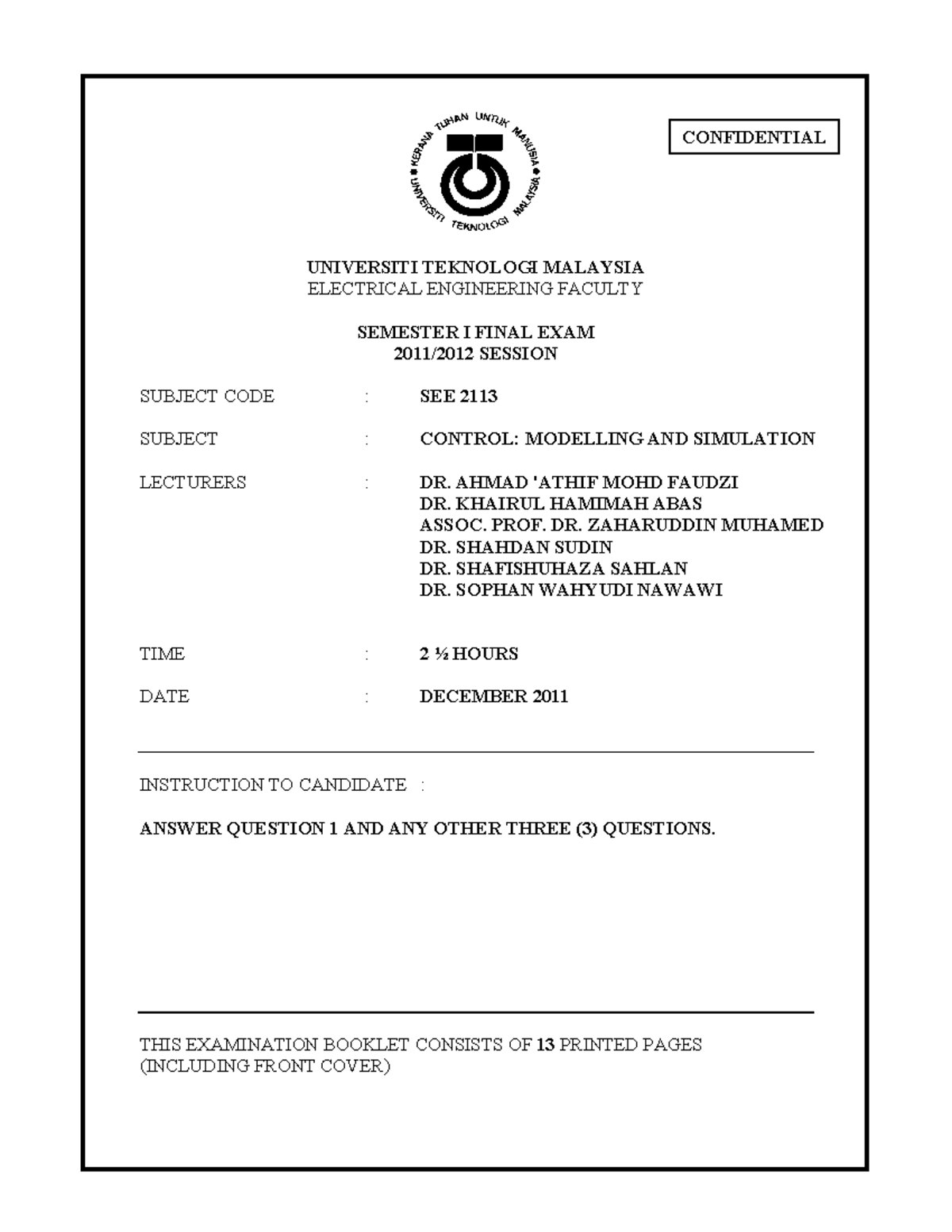 Final Examination Semester I Session 1112_System Modeling and Analysis ...
