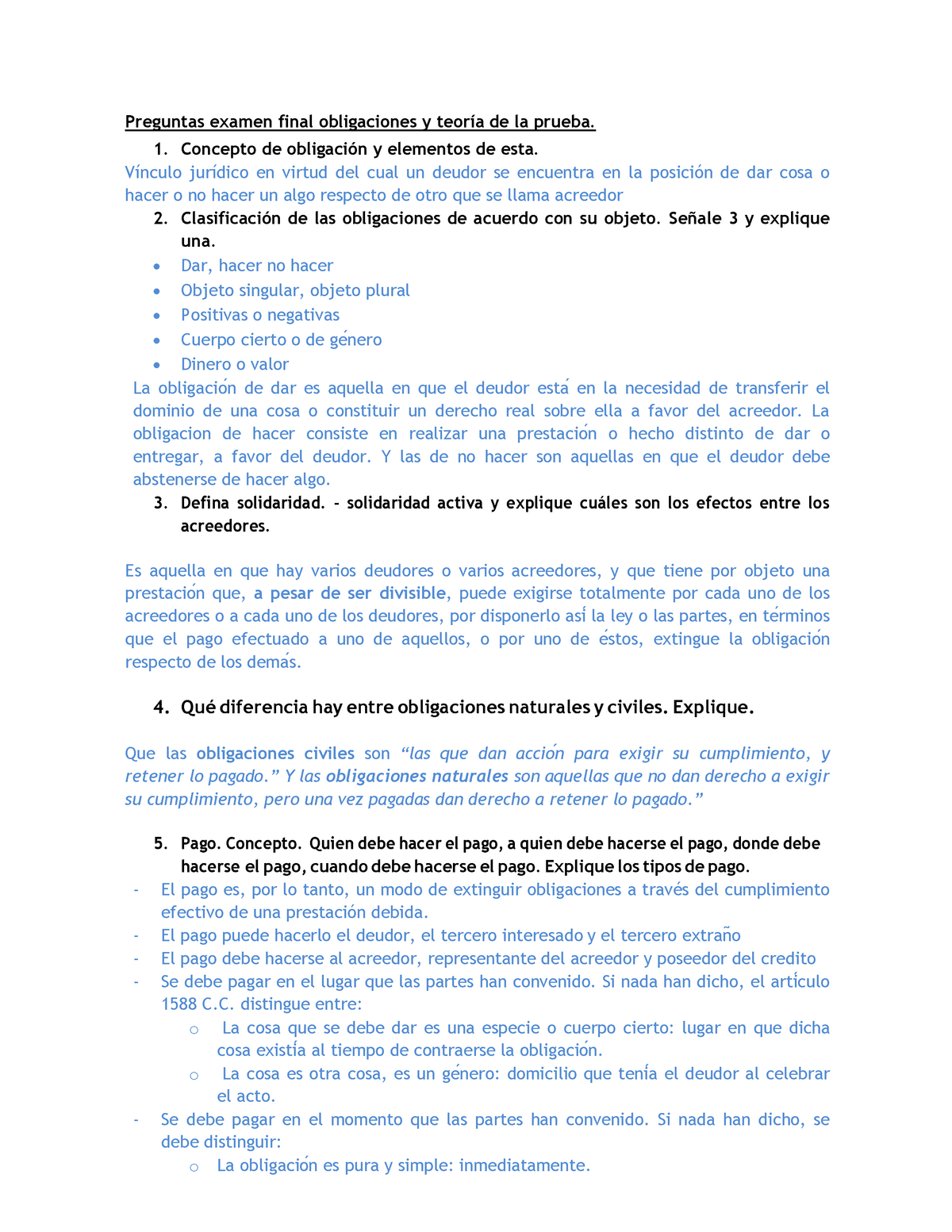 Examen Preguntas Y Respuestas Preguntas Examen Final Obligaciones Y Teor A De La Prueba