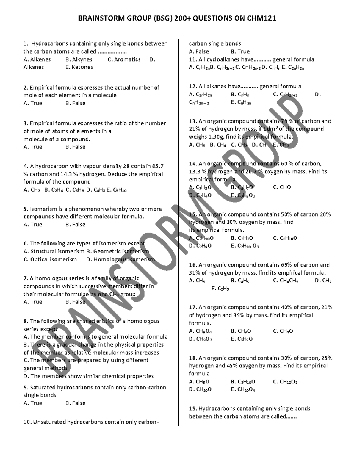 Brainstorm Group (BSG) 200+ Questions ON CHM121 - Hydrocarbons ...